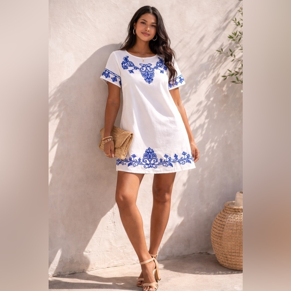 Lulus White & Blue Embroidered Shift Dress – Size S